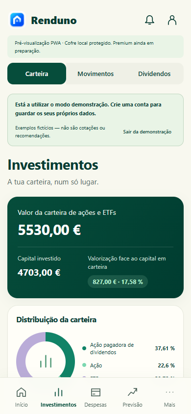 Vista de investimentos da demonstração Renduno